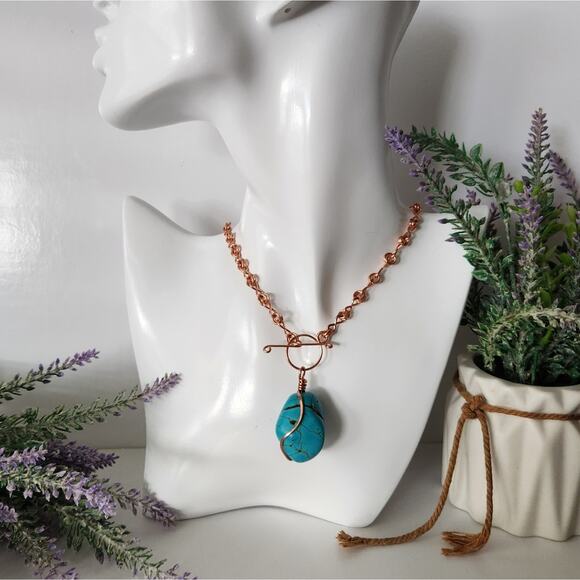 Copper Wire Wrapped Turquoise Wagnerite Nugget Pendant Necklace - Picture 3 of 7